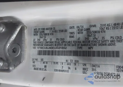 2014 Ford Escape Titanium z USA, uszkodzony, nr VIN 1FMCU9J90EUD21552